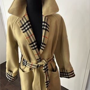 Burberry Reversable Wool Trench Coat with Check Trim